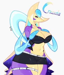 Rule 34 | alternate color, belt, blonde hair, blue eyes, blue hair, blue sclera, breasts, choker, cleavage, colored sclera, colored skin, creatures (company), crescent, crescent hair ornament, crescent moon, cresselia, crop top, eyelashes, galaxy, game freak, gen 4 pokemon, hair ornament, highres, jewelry, large breasts, legendary pokemon, looking at viewer, moon, navel, nintendo, pendant, pokemon, pokemon (creature), purple skin, shiny pokemon, short shorts, shorts, space, thick thighs, thigh belt, thigh strap, thighs, togetoge, wide hips, yellow skin