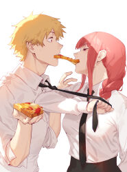 Rule 34 | 1boy, 1girl, absurdres, black necktie, black pants, blonde hair, braid, braided ponytail, bread, breasts, brown eyes, chainsaw man, cokio, collared shirt, commentary, cowboy shot, denji (chainsaw man), food, food in mouth, formal, highres, holding necktie, long sleeves, looking at another, makima (chainsaw man), medium breasts, mouth hold, necktie, pants, pink hair, red eyes, sharp teeth, shirt, short hair, sidelocks, simple background, sleeves past elbows, sweatdrop, teeth, white background, white shirt