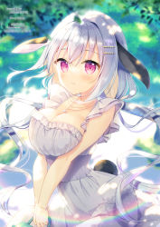 Rule 34 | 1girl, animal ears, aoi yun, bag, blurry, blurry background, breasts, breasts squeezed together, censored, censored text, closed mouth, day, depth of field, grey hair, hair between eyes, hair ornament, hairclip, highres, holding, holding bag, large breasts, light brown hair, long hair, looking at viewer, low twintails, mosaic censoring, multicolored hair, original, outdoors, purple eyes, rabbit ears, rabbit girl, rabbit tail, smile, solo, tail, tree, twintails, two-tone hair, v arms, very long hair