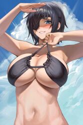 Rule 34 | 1girl, absurdres, armpit peek, arms up, bare shoulders, bikini, bikini pull, bikini top only, black bikini, black hair, blue eyes, blush, breasts, chainsaw man, cleavage, clothes pull, covered erect nipples, cozyu, eyepatch, highres, himeno (chainsaw man), large breasts, looking at viewer, navel, outdoors, short hair, sky, smile, solo, stomach, swimsuit, teeth, underboob, upper body