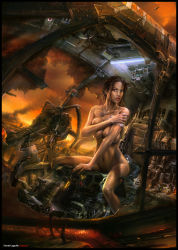 Rule 34 | 1girl, breast press, breasts, bridge, brown hair, building, city, cleavage, cockpit, cross, crossed arms, cyberpunk, dog tags, eyeshadow, fingernails, fire, green eyes, highres, lamppost, large breasts, lipstick, makeup, mecha, nail, nail polish, navel, nude, open mouth, original, pavel lagutin, realistic, red cross, robot, ruins, science fiction, short hair, sitting, smoke, solo, sweat, war