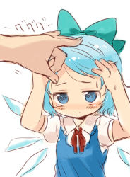 Rule 34 | 1girl, blue hair, blush, bow, chaba (hortensia), child, cirno, face, flick, forehead, forehead flick, hair bow, neck ribbon, ribbon, short hair, solo, tears, touhou, wings
