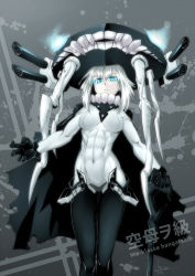Rule 34 | 10s, abs, abyssal ship, blue eyes, bodysuit, cane, cape, character name, collar, colored skin, commentary, covered navel, ebr-kii, gloves, gluteal fold, kantai collection, looking at viewer, muscular, muscular female, solo, tentacles, toned, translated, white hair, white skin, wo-class aircraft carrier
