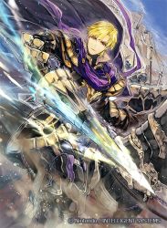 Rule 34 | 1boy, armor, armored boots, blonde hair, boots, brown eyes, cape, copyright name, fire emblem, fire emblem: the binding blade, fire emblem cipher, gloves, helmet, horse, itou misei, lance, male focus, nintendo, official art, perceval, polearm, solo, weapon