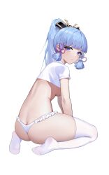 Rule 34 | 1girl, absurdres, ass, ayaka (genshin impact), blue eyes, blue hair, blunt bangs, breasts, butt crack, closed mouth, crop top, frilled panties, frills, genshin impact, hair ornament, hair ribbon, heiyizhushenxia, highres, long hair, looking at viewer, medium breasts, panties, ponytail, ribbon, sidelocks, sitting, soles, solo, thighhighs, thighs, tress ribbon, underwear, wariza, white background, white thighhighs