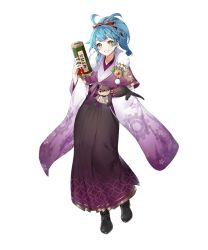 Rule 34 | 1girl, ankle boots, blue hair, boots, bow, capelet, earrings, female focus, fire emblem, fire emblem heroes, fur trim, gold trim, gradient clothes, grin, hair ornament, hakama, hakama skirt, head tilt, highres, holding, ichibi, japanese clothes, jewelry, kimono, long hair, long sleeves, looking at viewer, nintendo, obi, official alternate costume, official art, parted lips, ponytail, reginn (fire emblem), sash, skirt, smile, solo, standing, stuffed animal, stuffed toy, transparent background, wide sleeves, yellow eyes
