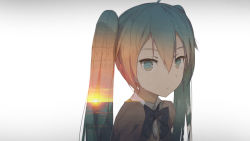 Rule 34 | 1girl, aqua eyes, aqua hair, closed mouth, double exposure, gradient background, grey background, hair between eyes, hatsune miku, highres, horizon, kieed, lens flare, long hair, looking at viewer, school uniform, solo, sweater, upper body, vocaloid