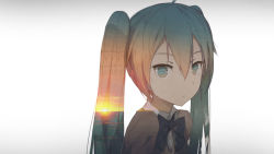 1girl aqua_eyes aqua_hair closed_mouth double_exposure female_focus gradient_background grey_background hair_between_eyes hatsune_miku highres horizon kieed lens_flare long_hair looking_at_viewer school_uniform solo sweater upper_body vocaloid