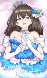 Rule 34 | 1girl, bare shoulders, black hair, blue eyes, blue flower, blue rose, blush, breasts, english text, flower, gloves, hair flower, hair ornament, hamao, high heels, highres, idolmaster, idolmaster cinderella girls, large breasts, long hair, looking at viewer, lying, necktie, on back, open mouth, rose, sagisawa fumika, solo, tiara, translation request, white gloves