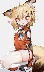 Rule 34 | 1girl, :o, absurdres, ahoge, animal ears, arknights, arm behind back, blonde hair, breasts, china dress, chinese clothes, cleavage cutout, clothing cutout, covered navel, dress, fox ears, fox girl, fox tail, gloves, hair ornament, heart, highres, kentllaall, looking at viewer, notched ear, open mouth, orange dress, orange eyes, orange gloves, pelvic curtain, prosthesis, prosthetic arm, shoes, short hair, short sleeves, simple background, skindentation, small breasts, sneakers, solo, squatting, tail, thighhighs, thighs, vermeil (arknights), white background, white thighhighs