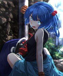Rule 34 | 1girl, absurdres, backpack, bag, bare arms, black shirt, blue eyes, blue footwear, blue hair, boots, breasts, bright pupils, brown gloves, clothes around waist, crowbar, day, from side, gloves, hair bobbles, hair ornament, highres, holding, holding crowbar, kakutasu (akihiron cactus), kawashiro nitori, looking back, medium breasts, medium hair, no headwear, open mouth, outdoors, rubber boots, shirt, sitting, sleeveless, sleeveless shirt, solo, touhou, two side up