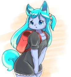 Rule 34 | 1girl, animal ears, aqua hair, backpack, bag, between legs, black dress, blue eyes, blue fur, blue hair, blush, body fur, collarbone, cowboy shot, dog ears, dog girl, dog tail, dress, embarrassed, female focus, flat chest, furry, furry female, gradient hair, hair bobbles, hair ornament, hand between legs, have to pee, jpeg artifacts, long hair, multicolored hair, nose blush, nousen, one-hour drawing challenge, one side up, open mouth, orange background, original, own hands together, randoseru, short dress, simple background, solo, standing, tail, trembling, v arms
