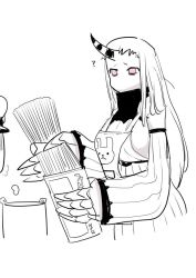 Rule 34 | 10s, 1boy, 1girl, ?, abyssal ship, admiral (kancolle), bad id, bad pixiv id, claws, cooking, food, greyscale, horns, kantai collection, mo (kireinamo), monochrome, pasta, seaport princess, single horn, spaghetti