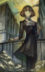 Rule 34 | 1girl, absurdres, against railing, android, ascot, black dress, black eyes, black hairband, bob cut, brooch, building, dress, hairband, highres, jewelry, kornod, against railing, outdoors, pantyhose, r dorothy wayneright, railing, red hair, short hair, standing, the big o, white ascot