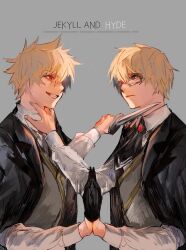 Rule 34 | 2boys, araya (hachino araya), ascot, at knifepoint, black ascot, black gloves, black jacket, blade to throat, blonde hair, brooch, character name, closed mouth, collared shirt, dual persona, expressionless, eye contact, fate/grand order, fate (series), glasses, gloves, grey background, grey eyes, grey vest, grin, hair between eyes, half gloves, hand on another&#039;s neck, highres, holding, holding knife, jacket, jacket on shoulders, jekyll and hyde (fate), jewelry, knife, looking at another, male focus, multiple boys, palms together, red eyes, shirt, short hair, simple background, single glove, smile, spiked hair, symmetry, upper body, vest, white shirt