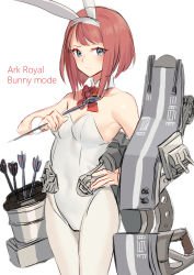 Rule 34 | 1girl, akagi kurage, animal ears, ark royal (kancolle), arrow (projectile), blue eyes, blunt bangs, bob cut, bow (weapon), breasts, character name, compound bow, cowboy shot, detached collar, fake animal ears, flower, highres, inverted bob, kantai collection, leotard, machinery, pantyhose, playboy bunny, quiver, rabbit ears, rabbit tail, red flower, red hair, red neckwear, red ribbon, red rose, ribbon, rose, short hair, simple background, small breasts, solo, standing, tail, weapon, white background, white leotard, white pantyhose, wrist cuffs