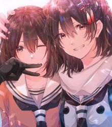 Rule 34 | 2girls, black gloves, black neckerchief, brown eyes, brown hair, dual persona, gloves, grin, hair between eyes, hair ornament, hand on another&#039;s head, kantai collection, looking at viewer, multiple girls, neckerchief, one eye closed, rinto (rint rnt), sailor collar, scarf, school uniform, sendai (kancolle), sendai kai ni (kancolle), serafuku, simple background, smile, two side up, upper body, v, white scarf