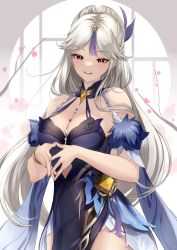 Rule 34 | 1girl, absurdres, bare shoulders, blush, breasts, commentary request, dress, genshin impact, hair ornament, highres, large breasts, long hair, looking at viewer, ningguang (genshin impact), ningguang (orchid&#039;s evening gown) (genshin impact), parted bangs, purple dress, red eyes, sazanka, smile, solo, tassel, tassel hair ornament, very long hair, vision (genshin impact), white hair