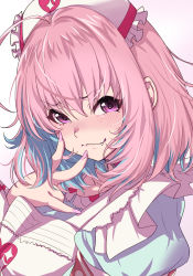 Rule 34 | absurdres, ahoge, blue hair, closed mouth, commentary request, fang, gradient background, highres, idolmaster, idolmaster cinderella girls, looking at viewer, morino shoutarou, multicolored hair, nail polish, pink background, pink eyes, pink hair, pink nails, short hair, smile, solo, two-tone hair, upper body, white background, yumemi riamu