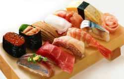 Rule 34 | chopped onion, derivative work, fish (food), food, food focus, highres, ikura (food), jiji (kbj0225), making-of available, nigirizushi, no humans, omelet, original, photorealistic, realistic, roe, salmon (fish), shrimp, still life, sushi, sushi geta, tamagoyaki, tuna, uni (food), white background