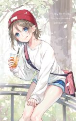 Rule 34 | 10s, 1girl, ao+beni, bag, beanie, blue eyes, character name, clenched hand, cup, dated, denim, denim shorts, disposable cup, drinking straw, grey hair, hair between eyes, hand on legs, happy birthday, hat, highres, holding, holding cup, legs together, licking lips, long sleeves, looking at viewer, love live!, love live! school idol festival, love live! sunshine!!, railing, red hat, shirt, short hair, short shorts, shorts, shoulder bag, sitting, solo, tongue, tongue out, tree, watanabe you, white shirt