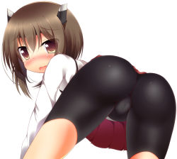 Rule 34 | 10s, 1girl, ass, bent over, bike shorts, blush, brown eyes, brown hair, from behind, headband, kantai collection, looking at viewer, open mouth, personification, ponpon (tosico), short hair, skirt, taihou (kancolle), teardrop, tears, upskirt