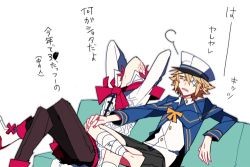 Rule 34 | bad id, bad twitter id, bandages, bandage over one eye, barefoot, blonde hair, coat, couch, fukase, hat, crossed legs, lowres, male focus, multiple boys, oliver (vocaloid), red hair, sailor collar, sailor hat, shorts, sitting, uoshi (uoshi777), vocaloid, yellow eyes