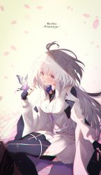 Rule 34 | 1girl, absurdres, ahoge, black gloves, black pants, breasts, bug, butterfly, character name, english text, fate/grand order, fate/grand order arcade, fate/prototype, fate (series), fingerless gloves, gloves, highres, insect, large breasts, long hair, long sleeves, looking at viewer, merlin (fate/prototype), merlin (fate/prototype) (second ascension), open mouth, pants, purple eyes, robe, sitting, smile, suna co, thighs, very long hair, white hair, white robe, wide sleeves