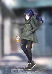 Rule 34 | 1girl, black footwear, blue hair, blurry, blush, casual, cup, denim, depth of field, disposable cup, drink, drinking straw, from side, full body, green jacket, hand in pocket, high ponytail, highres, holding, hood, hooded jacket, jacket, jeans, long hair, long sleeves, love live!, love live! sunshine!!, matsuura kanan, meda, pants, parted lips, pink eyes, ponytail, smile, solo, standing, swept bangs, wide shot