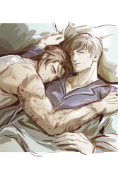 Rule 34 | 2boys, absurdres, afterglow, arm tattoo, bara, copyright request, couple, from above, heads together, highres, jar (jar ans), male focus, mature male, morning, multiple boys, on bed, original, short hair, sideburns, sleeping, sleeping on person, sunlight, tank top, tattoo, thick eyebrows, toned, toned male, upper body, white tank top, yaoi