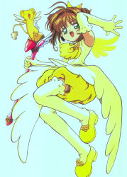 Rule 34 | 1990s (style), 1girl, brown hair, cardcaptor sakura, creature, crown, fuuin no tsue, green eyes, highres, kero (cardcaptor sakura), kinomoto sakura, looking at viewer, retro artstyle, short hair, simple background, smile, tagme, wand, white background