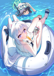 Rule 34 | 2girls, bare shoulders, blue archive, cellphone, commentary request, feet, food, halo, highres, innertube, konatsu hare, legs, long hair, looking at viewer, miyako (blue archive), miyako (swimsuit) (blue archive), multiple girls, on innertube, one-piece swimsuit, partially submerged, phone, popsicle, purple eyes, saki (blue archive), saki (swimsuit) (blue archive), sandals, side ponytail, smartphone, swept bangs, swim ring, swimsuit, toenails, toes, wet, white hair