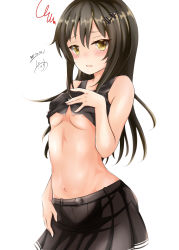 Rule 34 | 1girl, areola slip, bare shoulders, black hair, black skirt, black vest, blush, breasts, commentary request, cowboy shot, dakkusu, dated, hair ornament, hairclip, highres, kantai collection, long hair, looking at viewer, medium breasts, navel, open mouth, oyashio (kancolle), pleated skirt, signature, simple background, skirt, sleeveless, solo, stomach, vest, white background, yellow eyes