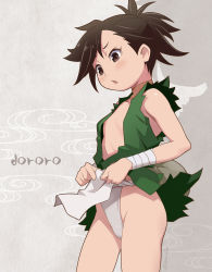 Rule 34 | 1girl, androgynous, brown eyes, brown hair, character name, commentary, copyright name, dororo (character), dororo (tezuka), flat chest, fundoshi, japanese clothes, maruto!, ponytail, reverse trap, solo