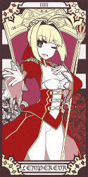 Rule 34 | 10s, 1girl, ahoge, bad id, bad pixiv id, blonde hair, breasts, fate/extra, fate (series), green eyes, mikoto (oi plus), nero claudius (fate), nero claudius (fate), nero claudius (fate/extra), short hair, solo, tarot, the emperor (tarot)