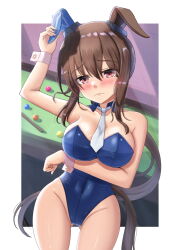 Rule 34 | 1girl, admire vega (umamusume), alternate costume, animal ears, arm up, ball, billiard ball, billiards, blue leotard, blush, breasts, brown hair, cleavage, closed mouth, commentary request, covered navel, cue stick, frown, groin, hair between eyes, highres, horse girl, large breasts, leotard, long hair, looking at viewer, necktie, nontraditional playboy bunny, pillar, ponytail, pool table, purple eyes, red eyes, rio (lio yuzu), solo, table, umamusume, white necktie, wrist cuffs