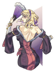 Rule 34 | 1girl, ass, bare back, bare shoulders, blonde hair, bracelet, breasts, commentary, commission, constance von nuvelle, dress, drill hair, drill sidelocks, earrings, fire emblem, fire emblem: three houses, fire emblem warriors: three hopes, folding fan, from behind, fur-trimmed dress, fur trim, grin, hairband, hand fan, highres, holding, holding fan, jewelry, juicet1n, long sleeves, looking at viewer, looking back, median furrow, medium breasts, medium hair, nintendo, off-shoulder dress, off shoulder, official alternate costume, official alternate hairstyle, purple hairband, sidelocks, smile, solo