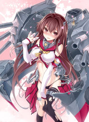 Rule 34 | 10s, 1girl, blush, breasts, brown eyes, brown hair, cannon, hair ornament, kantai collection, kodama yuu, large breasts, leggings, long hair, open clothes, open mouth, open skirt, panties, skirt, solo, thighhighs, torn clothes, torn thighhighs, underwear, wavy mouth, yamato (kancolle)