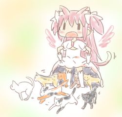 Rule 34 | 1girl, alternate costume, alternate hairstyle, angel wings, animal, animal ear fluff, animal ears, blush, blush stickers, cat, cat ears, cat girl, cat tail, chibi, clothes lift, detached wings, dress, dress lift, gloves, kaname madoka, long hair, mahou shoujo madoka magica, mahou shoujo madoka magica (anime), open mouth, pink hair, running, short twintails, solo, standing, tail, twintails, ultimate madoka, umiroku, white dress, white gloves, wide face, wings, | |