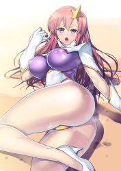 Rule 34 | 00s, 1girl, ass, blue eyes, blush, breasts, curvy, covered erect nipples, female focus, gloves, gundam, gundam seed, gundam seed destiny, hair ornament, high heels, huge ass, huge breasts, large breasts, leotard, long hair, looking at viewer, lying, meer campbell, nagase haruhito, on side, open mouth, pink hair, saliva, solo, stain, star (symbol), star hair ornament, sweat, thick thighs, thighs, wide hips