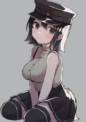 Rule 34 | 1girl, akitsu maru (kancolle), black eyes, black hair, black hat, black skirt, black thighhighs, breasts, collared shirt, commentary request, dress shirt, grey background, hat, highres, kantai collection, large breasts, looking at viewer, military hat, military uniform, pale skin, peaked cap, shirasumato, shirt, short hair, sitting, skirt, solo, suspender skirt, suspenders, thighhighs, uniform, v arms, wariza, white shirt