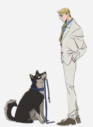 Rule 34 | 1boy, blonde hair, blue shirt, brown footwear, collar, collared shirt, dog, formal, full body, goggles, grey jacket, grey pants, grey suit, hand in pocket, highres, jacket, jujutsu kaisen, leash, long sleeves, looking down, male focus, mcbuckwheat, nanami kento, necktie, pants, shirt, shoes, short hair, solo, standing, suit, white background, yellow necktie
