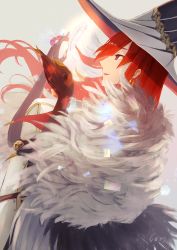 Rule 34 | 1girl, absurdres, backlighting, breasts, claws, dress, earrings, fate/grand order, fate (series), feather boa, feathers, hat, highres, huge filesize, jewelry, long hair, long sleeves, medium breasts, miss crane (fate), parted lips, profile, puffy sleeves, purple eyes, red hair, shiki7ash, solo, white dress, white hat, witch hat