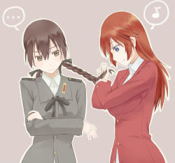 Rule 34 | ..., 2girls, blue eyes, braid, braiding hair, brown eyes, brown hair, charlotte e. yeager, crossed arms, gertrud barkhorn, hairdressing, keyta, long hair, military, military uniform, multiple girls, musical note, orange hair, smile, strike witches, uniform, world witches series