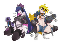 Rule 34 | 2girls, absurdres, ahoge, arm cuffs, bandaid, bandaid on face, bare shoulders, bikini, black choker, black footwear, black gloves, black jacket, black panties, black shirt, blonde hair, blue eyes, blue hair, blue jacket, blue neckwear, blue shorts, blush, boots, breasts, chain, choker, claws, collared shirt, colored inner hair, commentary, crop top, earrings, elbow gloves, full body, garter belt, gloves, green eyes, grin, hair between eyes, halterneck, high heel boots, high heels, highleg, highleg bikini, highres, honekoneko (psg), jacket, jewelry, knee pads, lace, lace-trimmed legwear, lace trim, lingerie, liren44, long hair, long sleeves, looking at viewer, medium breasts, midriff, multicolored hair, multiple girls, navel, necktie, open clothes, open jacket, open mouth, over-kneehighs, panties, panty &amp; stocking with garterbelt, panty (psg), panty straps, pink hair, shirt, shoes, short shorts, shorts, siblings, simple background, sisters, skateboard, skateboard behind back, smile, squatting, stocking (psg), stomach, striped neckwear, stuffed animal, stuffed cat, stuffed toy, swimsuit, teeth, thigh boots, thighhighs, twitter username, two-tone bikini, underwear, very long hair, white background, white footwear
