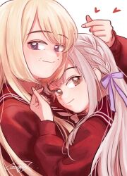 Rule 34 | 2girls, :&gt;, arm up, artist name, assault lily, blonde hair, braid, brown sailor collar, closed mouth, commentary, finger heart, from side, grey hair, hair ribbon, hand up, head on chest, heads together, kanba girls high school uniform, komuzuka, kon kanaho, long hair, long sleeves, looking at viewer, looking to the side, miyagawa takane, mole, mole above mouth, mole under eye, multiple girls, neckerchief, purple eyes, purple ribbon, red shirt, ribbon, sailor collar, school uniform, serafuku, shirt, side braid, signature, simple background, swept bangs, symbol-only commentary, white background, white neckerchief, yellow eyes