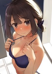 Rule 34 | 1girl, 92m, bare shoulders, bikini, bikini tan, black bikini, blush, borrowed character, breasts, brown eyes, brown hair, cleavage, closed mouth, collarbone, commentary request, douki-chan (douki-chan), from above, ganbare douki-chan, hair ornament, hair scrunchie, highres, looking at viewer, looking up, medium breasts, scrunchie, short hair, short ponytail, sidelocks, solo, strap lift, sweat, swimsuit, tan, tanline, upper body, wavy mouth
