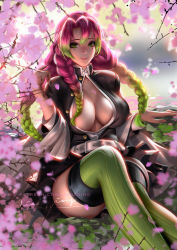 Rule 34 | 1girl, belt, breasts, cherry blossoms, cleavage, gradient hair, green eyes, green hair, green thighhighs, highres, kanroji mitsuri, kimetsu no yaiba, large breasts, liang xing, looking at viewer, mole, mole under eye, multicolored hair, partially unbuttoned, pink hair, signature, sitting, smile, solo, thighhighs, tri braids, watermark, web address, white belt
