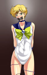 Rule 34 | 1girl, arms behind back, bdsm, bishoujo senshi sailor moon, blonde hair, blue choker, blue sailor collar, blush, bondage, bound, bound arms, bow, bowtie, breasts, brown background, choker, circlet, collarbone, covered navel, cowboy shot, earrings, female focus, gag, gagged, gradient background, green bow, green bowtie, green eyes, improvised gag, jewelry, kamo (nobuhide19790717), leotard, looking at viewer, medium breasts, nose blush, object insertion, remote control vibrator, rope, sailor collar, sailor uranus, sex toy, shiny skin, short hair, simple background, solo, standing, sweat, tape, tape gag, ten&#039;ou haruka, vaginal, vaginal object insertion, vibrator, vibrator cord, vibrator under clothes, white leotard