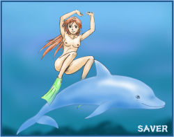 Rule 34 | diving, dolphin, fins, freediving, holding breath, nude, nudist, ocean, red hair, saver (artist), skinny dipping, solo, swimming, underwater, water, zenra